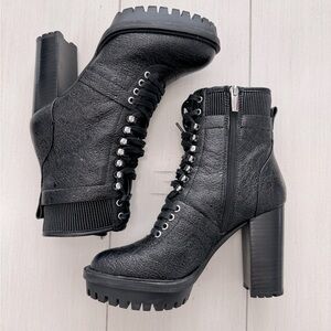 Vince Camuto Ermania Black Lace Up Combat Block Platform High Heel Platform Boot